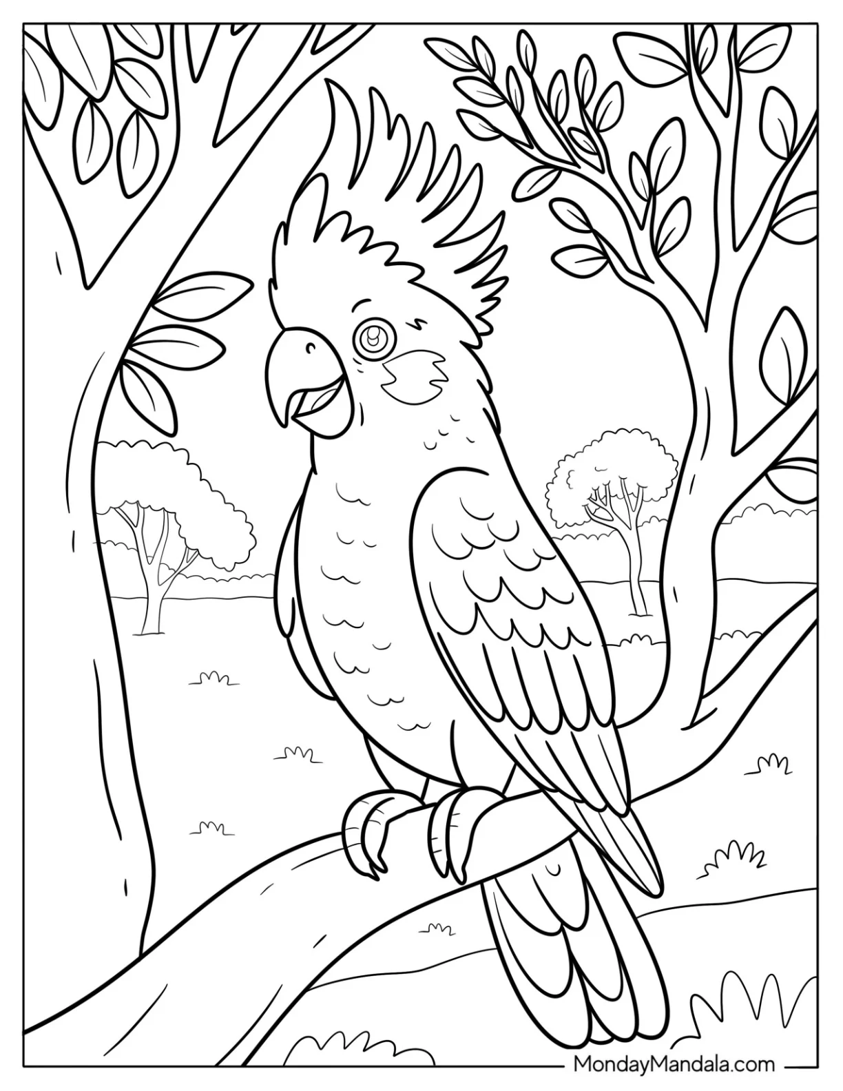 Bird Coloring Page of Cockatoo Holding onto Branch with Flared Crest Feathers coloring page