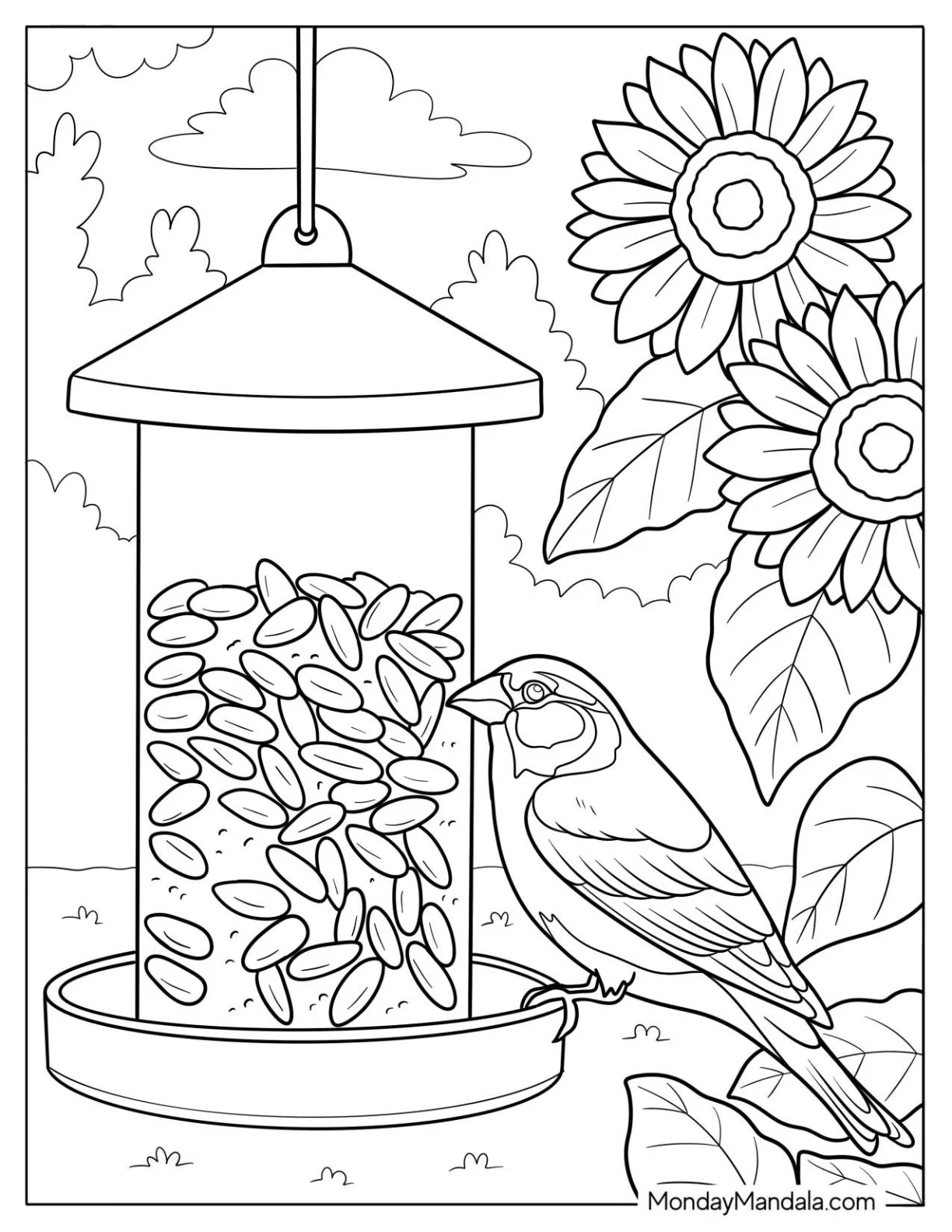 Bird Coloring Page of Finch Feeding on Sunflower Seeds at Backyard Bird Feeder coloring page