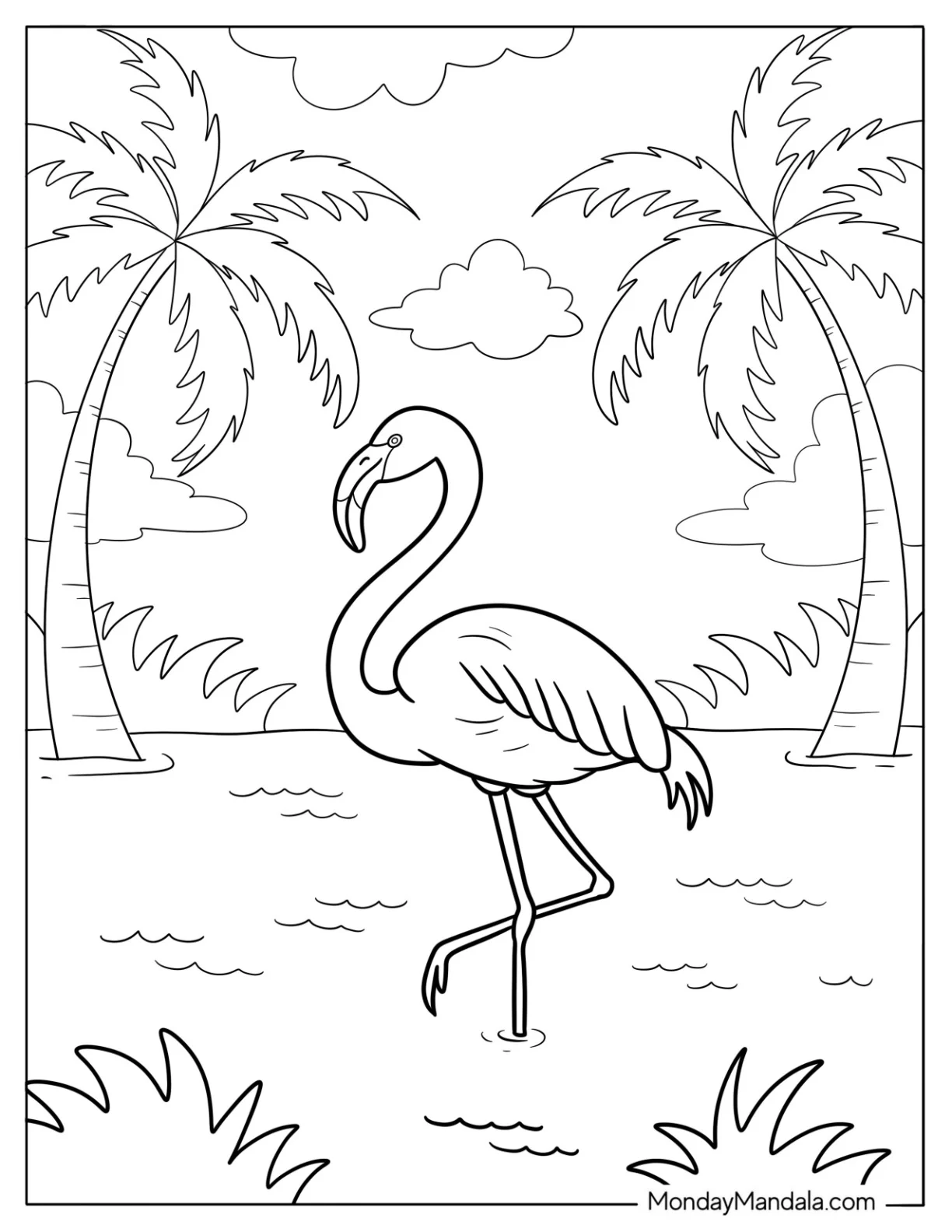 Bird Coloring Page of Flamingo Standing on One Leg in Shallow Water for Kids coloring page — printable line art
