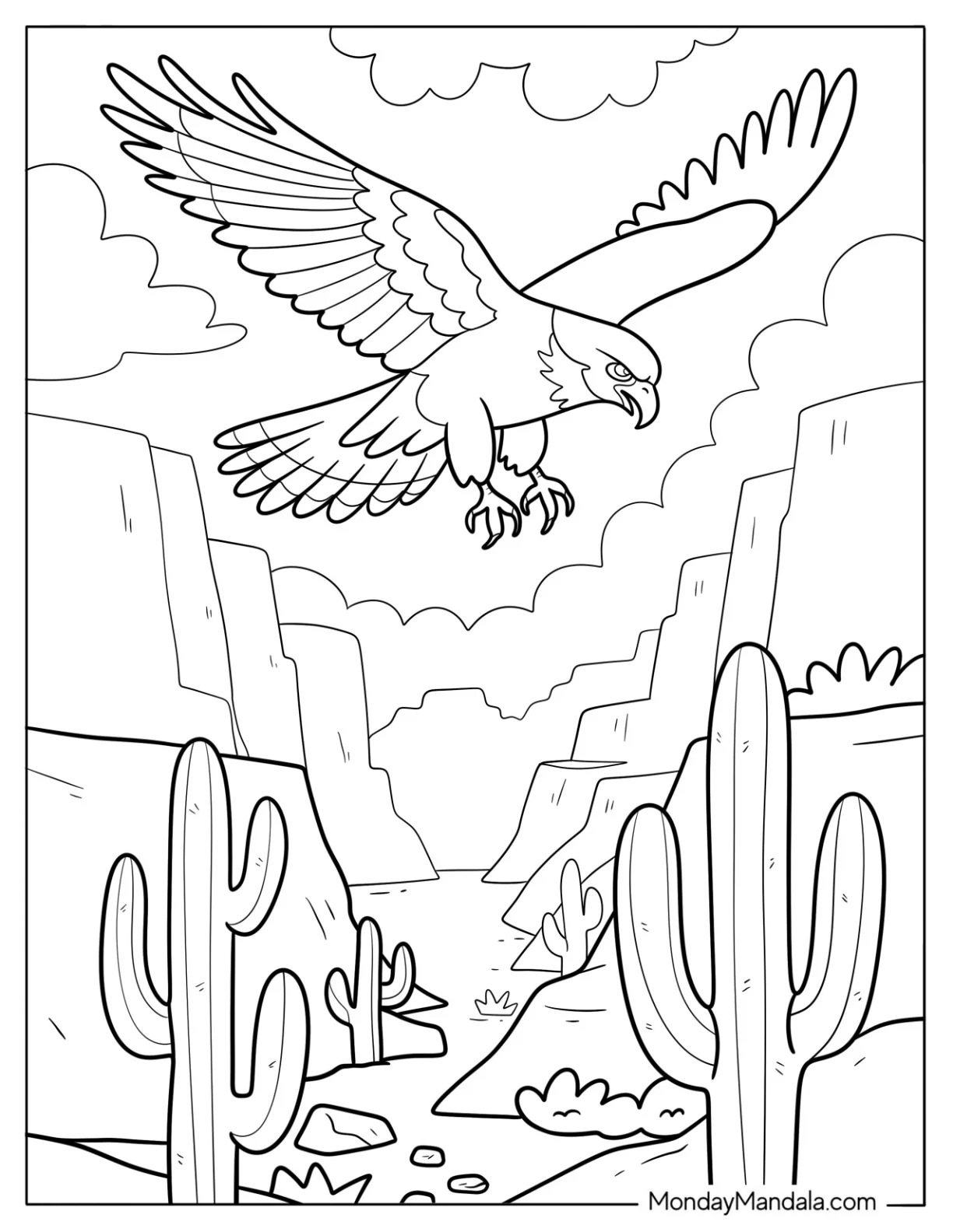Bird Coloring Page of Hunting Falcon Mid Swoop with Sharp Beak and Claws coloring page — printable line art