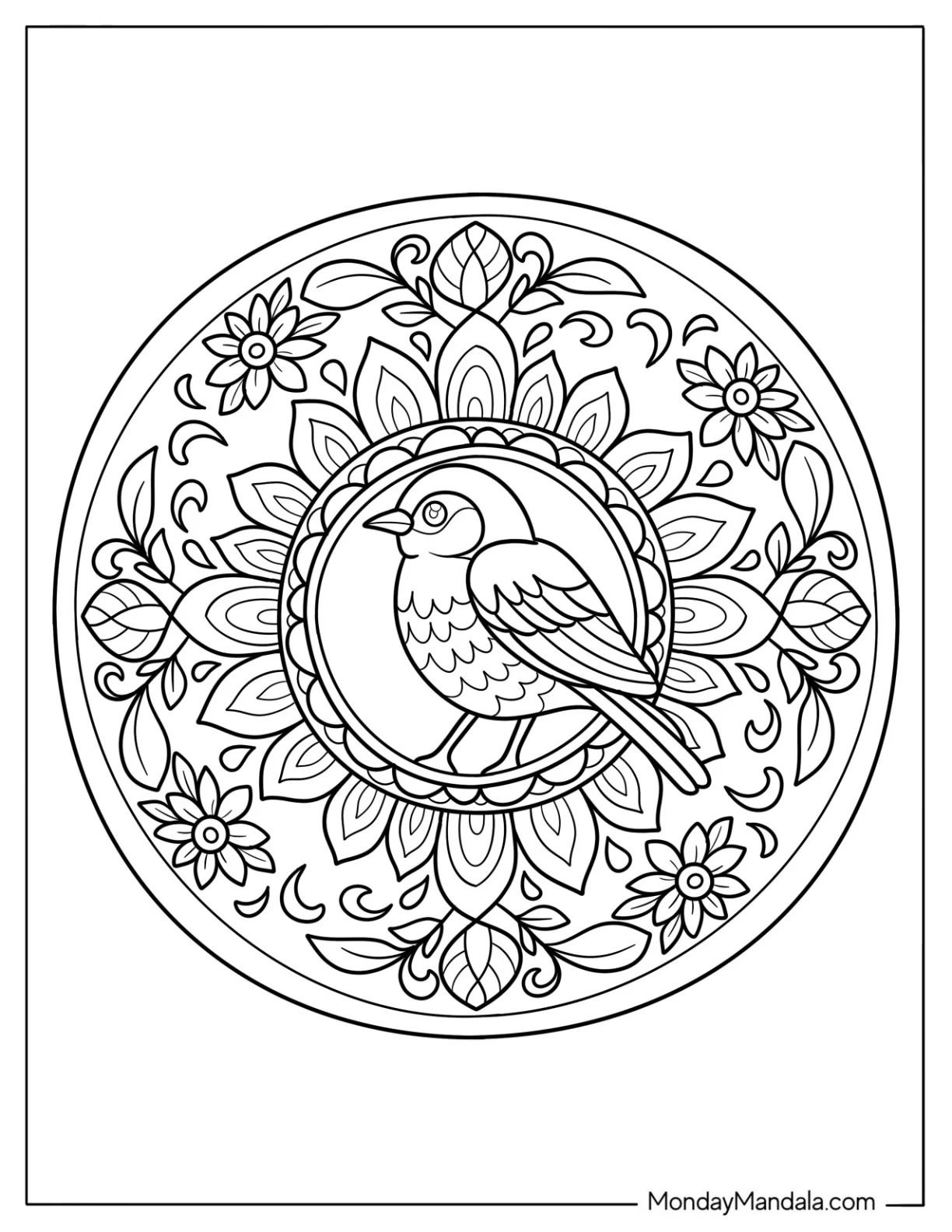 Bird Coloring Page of Intricate Mandala Featuring a Perched European Robin coloring page — printable line art