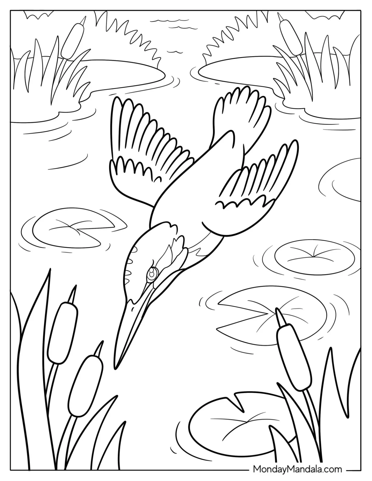 Bird Coloring Page of Kingfisher Diving Headfirst into Water with Wings Back coloring page