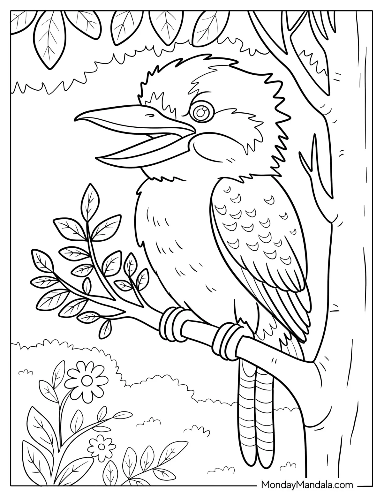Bird Coloring Page of Laughing Kookaburra Calling Out from Tree Branch for Kids coloring page — printable line art