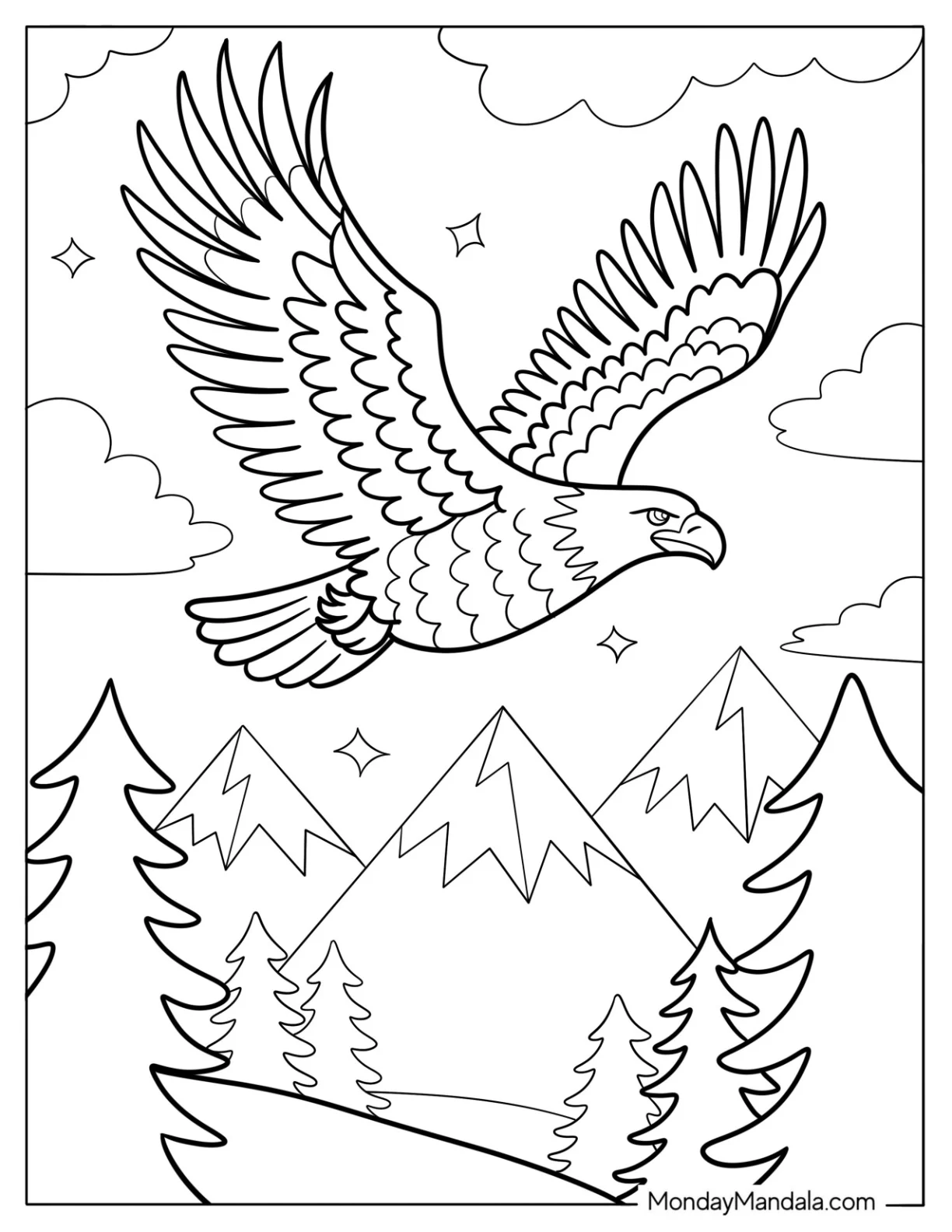 Bird Coloring Page of Majestic Eagle in Flight Across Mountaions coloring page