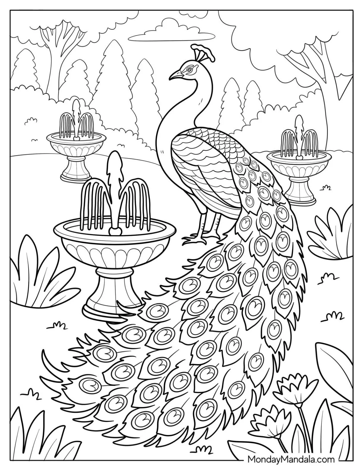 Bird Coloring Page of Peacock with Fanned Tail Beside Garden Fountain for Adults coloring page — printable line art