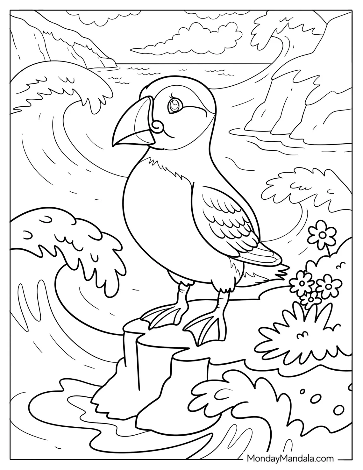 Bird Coloring Page of Puffin Standing on Rocky Cliff with Crashing Waves for Kids coloring page — printable line art