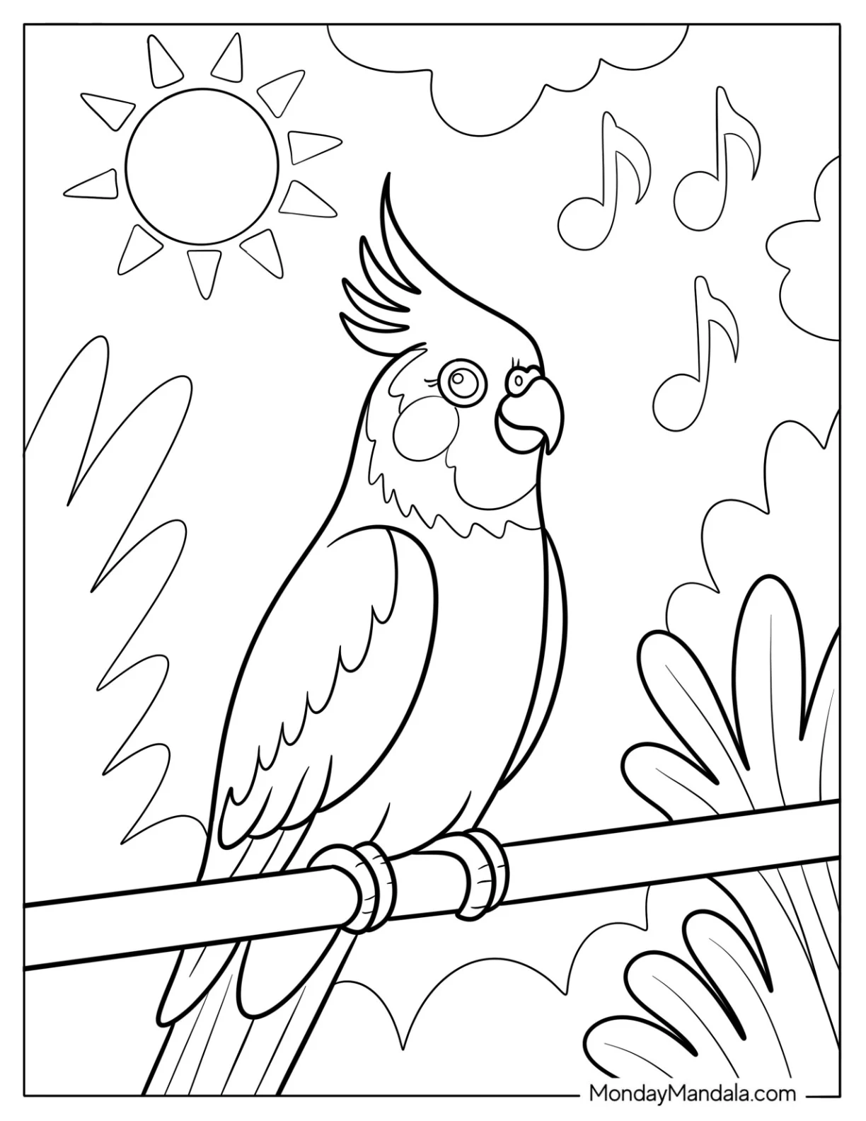 Bird Coloring Page of Singing Cockatiel with Raised Crest on a Branch coloring page — printable line art