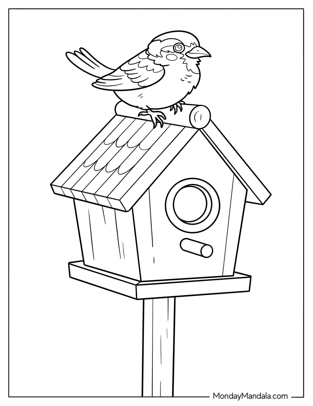 Bird Coloring Page of Sparrow on Wooden Birdhouse for Kids coloring page