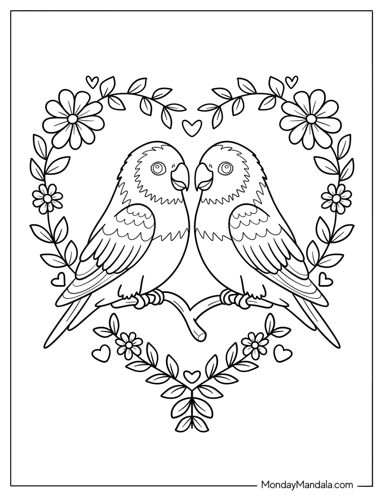Bird Coloring Page of Two Peach Faced Lovebirds Inside Floral Heart Frame coloring page