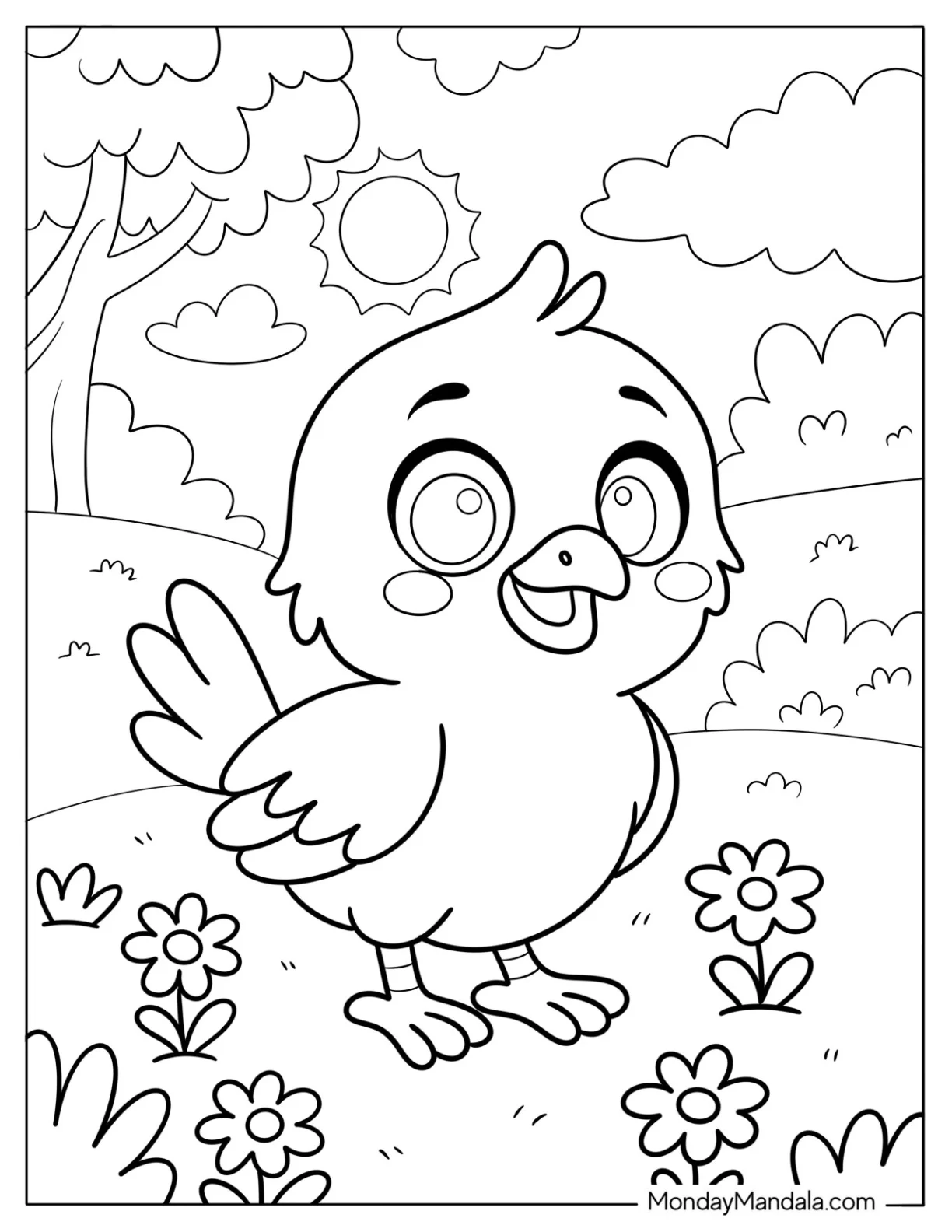 Bird in Sunny Nature Scene with Blossoms and Blue Sky Coloring Sheet for Kids coloring page