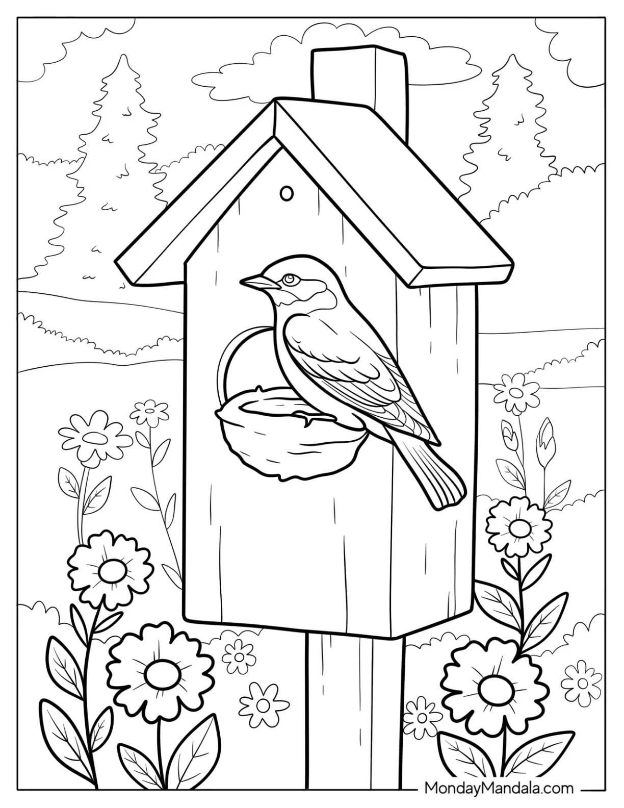 Bird Sitting on a Nesting Box Surrounded by Flowers Coloring Page for Kids coloring page
