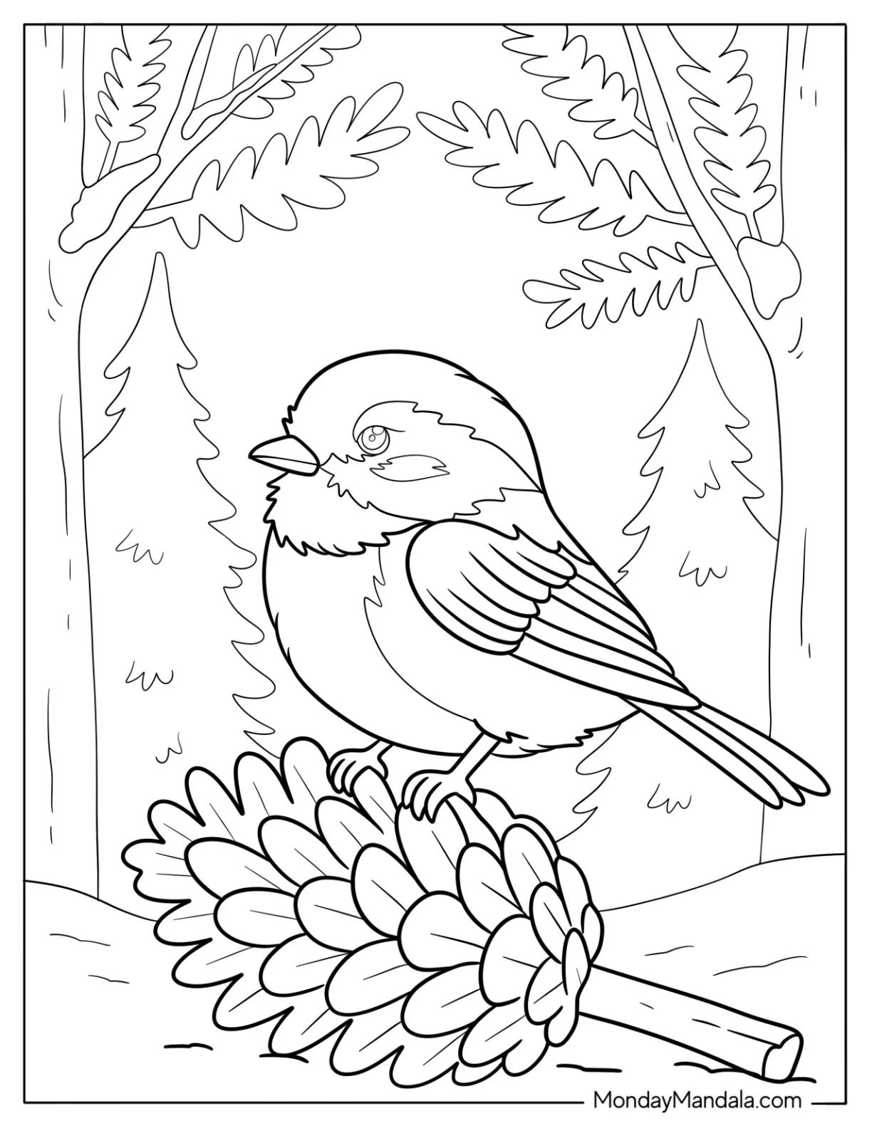 Chickadee Bird Resting on a Pinecone in the Forest Coloring Page for Kids coloring page