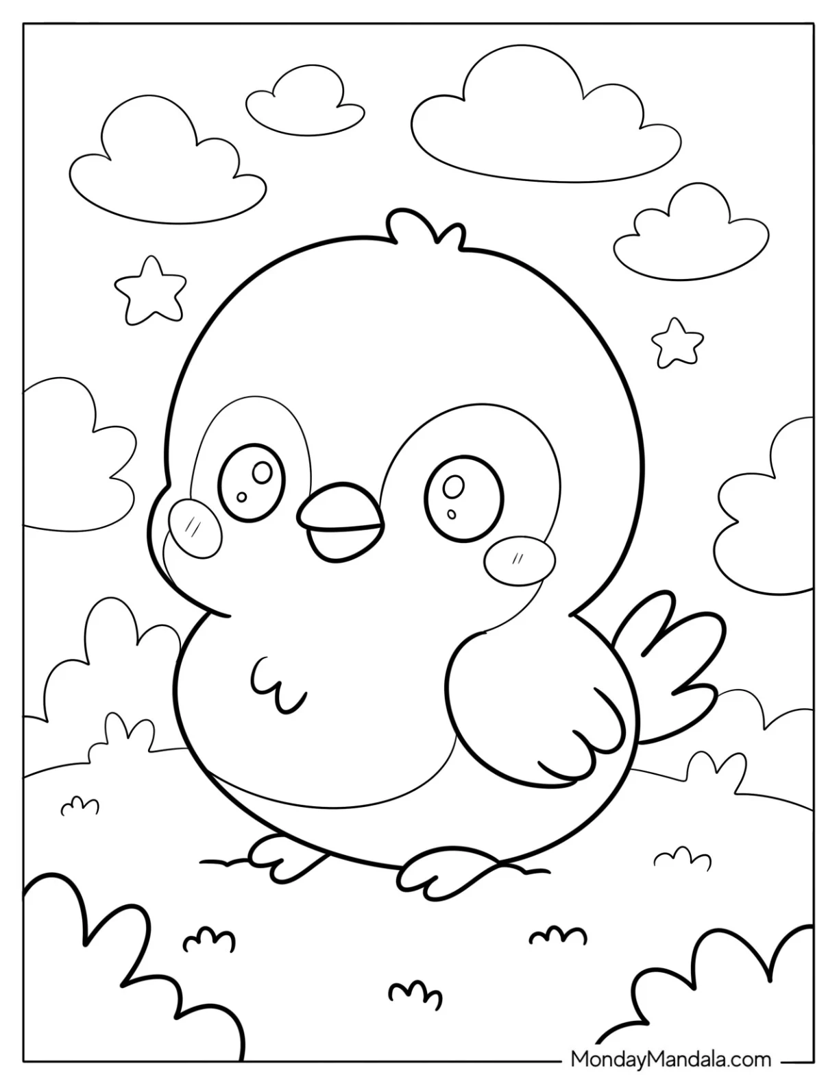 Chubby Baby Bird in Sunny Field Under Puffy Clouds Coloring Sheet for Preschoolers coloring page — printable line art