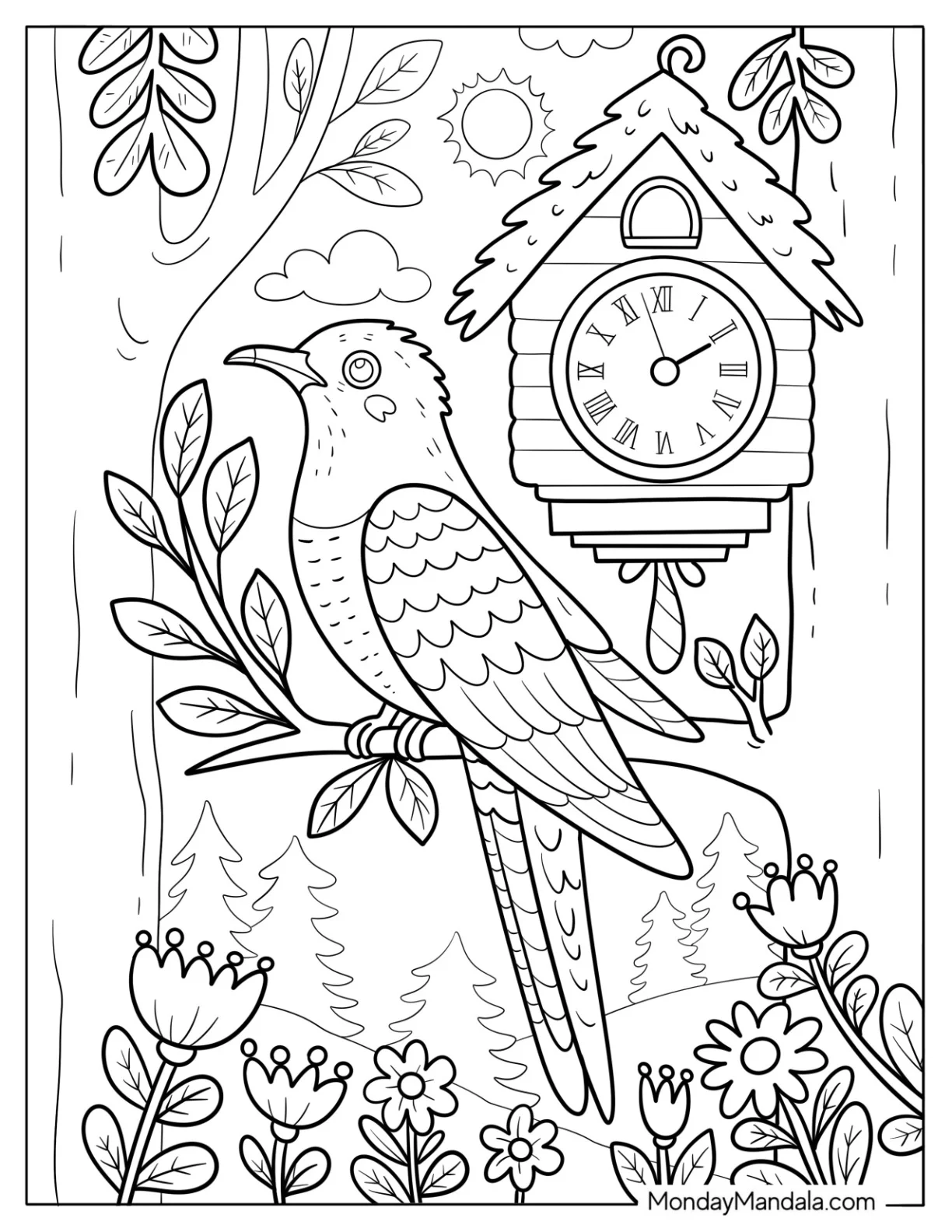 Cuckoo Bird Sitting Beside a Forest Clock Coloring Page for Kids coloring page