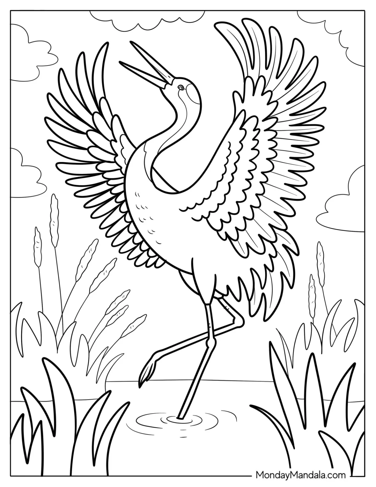 Dancing Crane with Outstretched Wings in a Marsh coloring page — printable line art