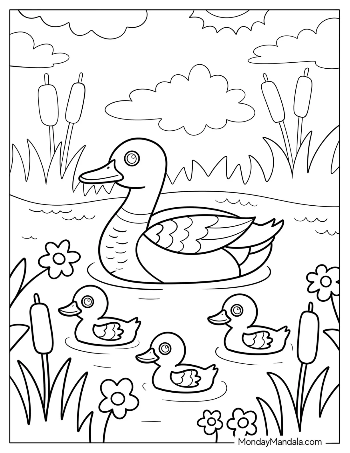 Duck with Ducklings Swimming in a Pond Coloring Page for Kids coloring page