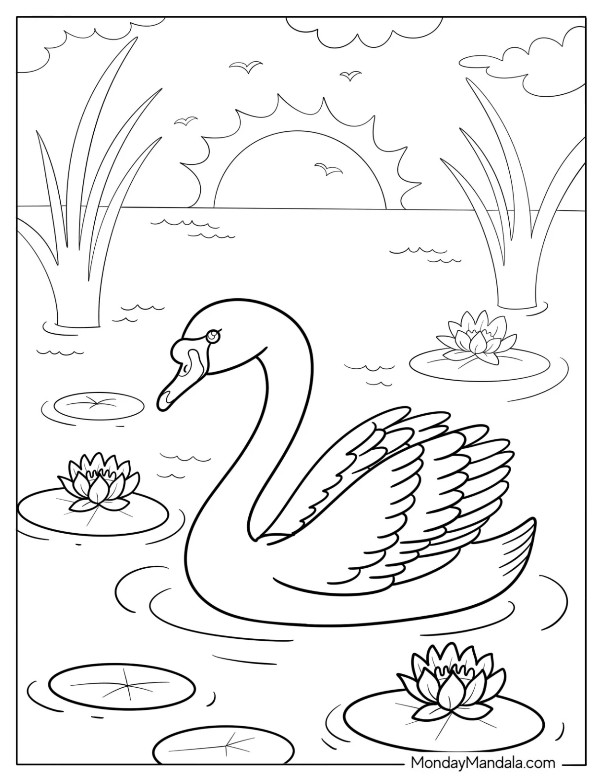 Graceful Swan Surrounded by Lily Pads and Reeds Coloring Sheet coloring page — printable line art