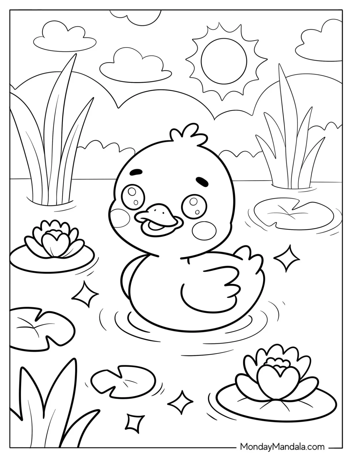 Happy Baby Duck in Sparkling Water with Lilies and Sunshine Coloring Sheet for Kids coloring page — printable line art