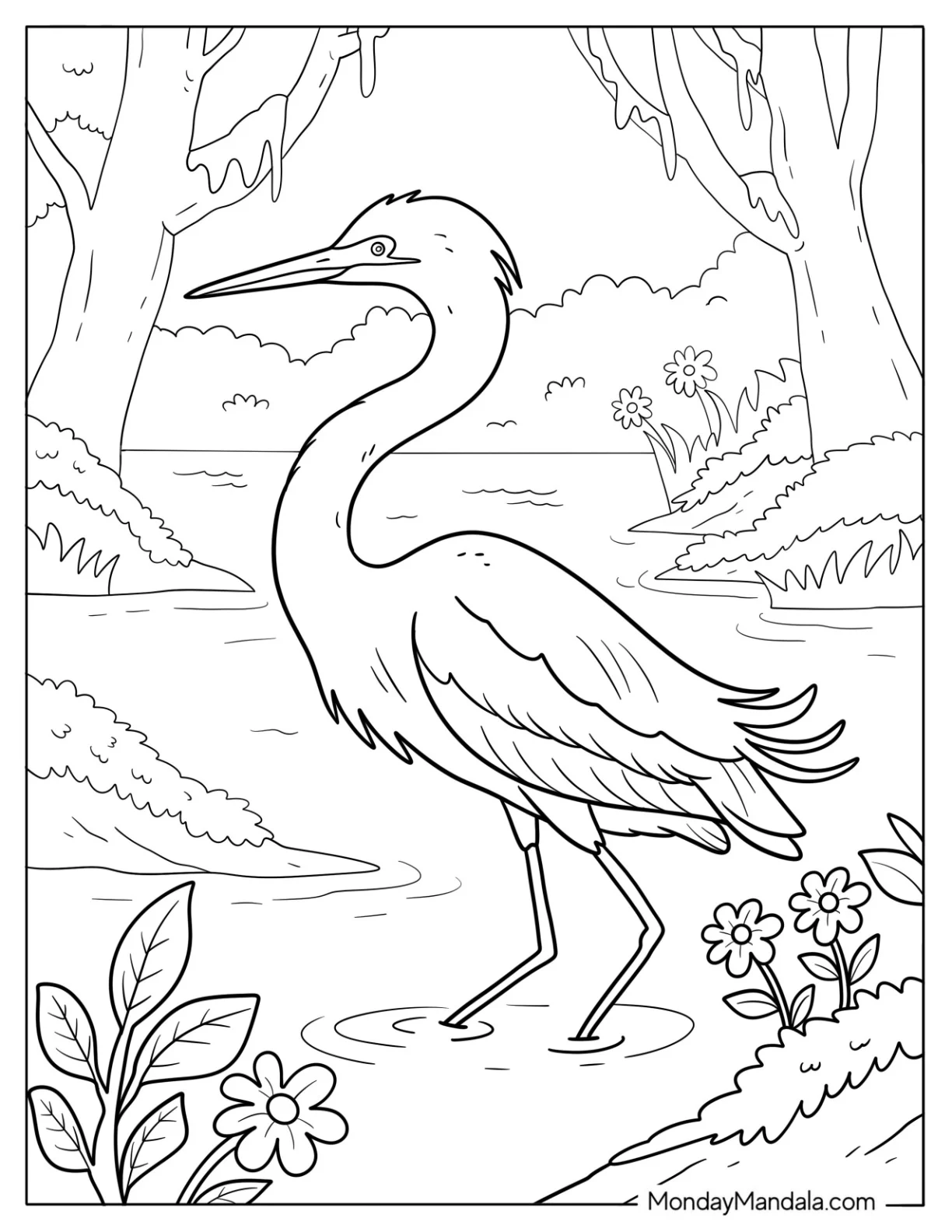 Heron Bird Standing in a Peaceful Wetland coloring page