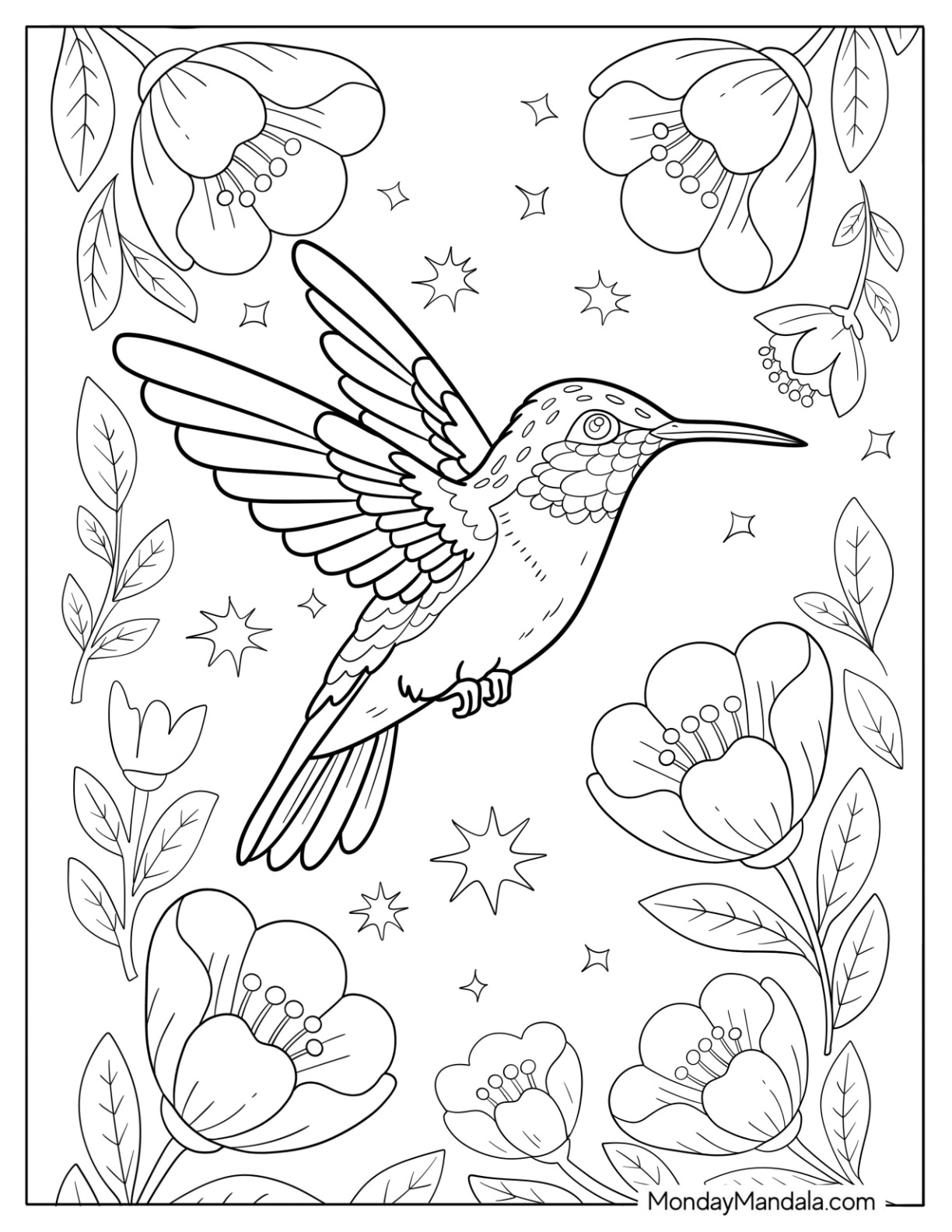 Hummingbird Flying Among Blossoms and Stars coloring page — printable line art