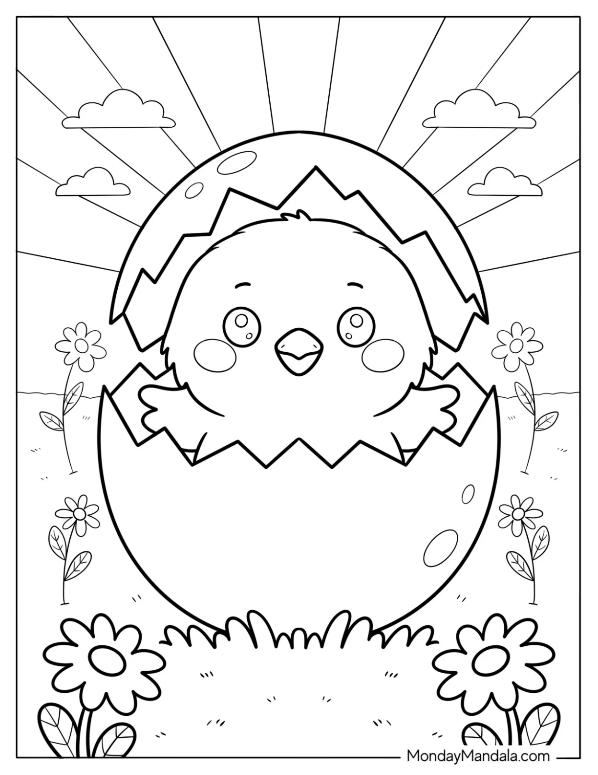 Joyful Chick Hatchling in Sunny Meadow with Clouds and Daisies coloring page