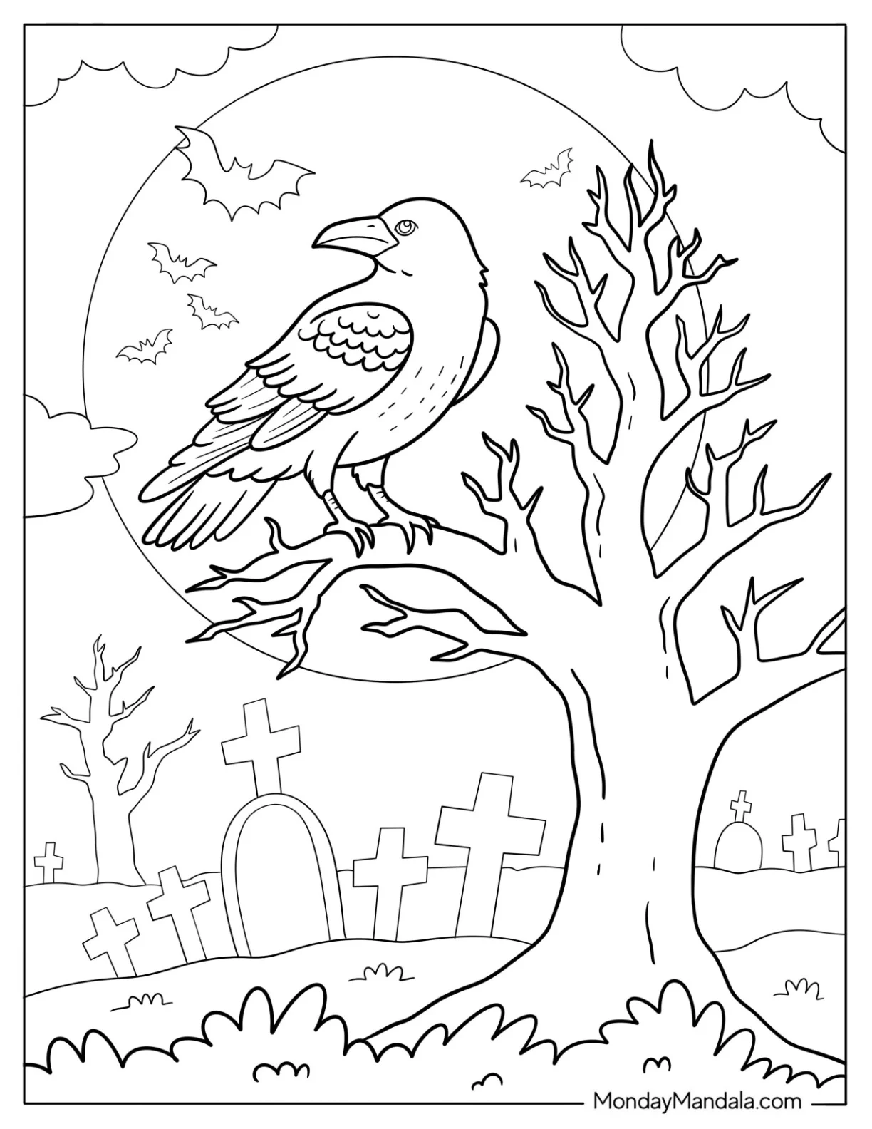 Mysterious Crow Bird on a Bare Tree in a Moonlit Graveyard Coloring Page for Kids coloring page — printable line art