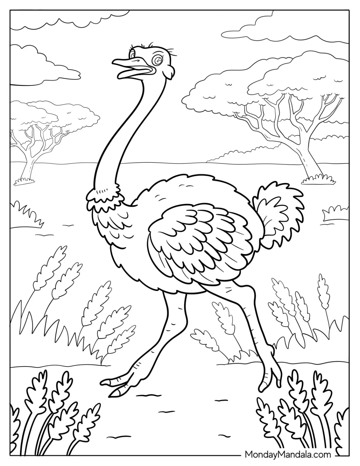 Ostrich Bird Walking Through the African Grasslands Coloring Page coloring page — printable line art