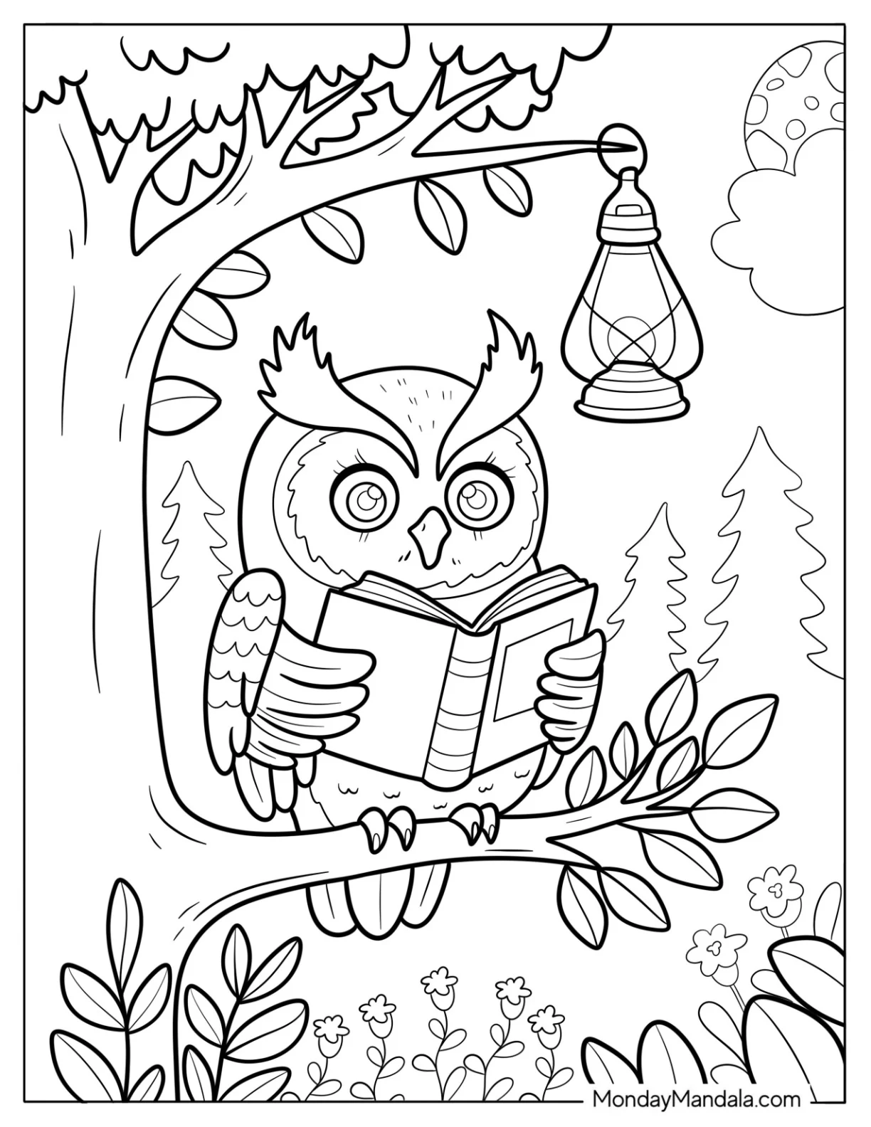 Owl Reading a Book by Lantern Light in Forest Coloring Page coloring page