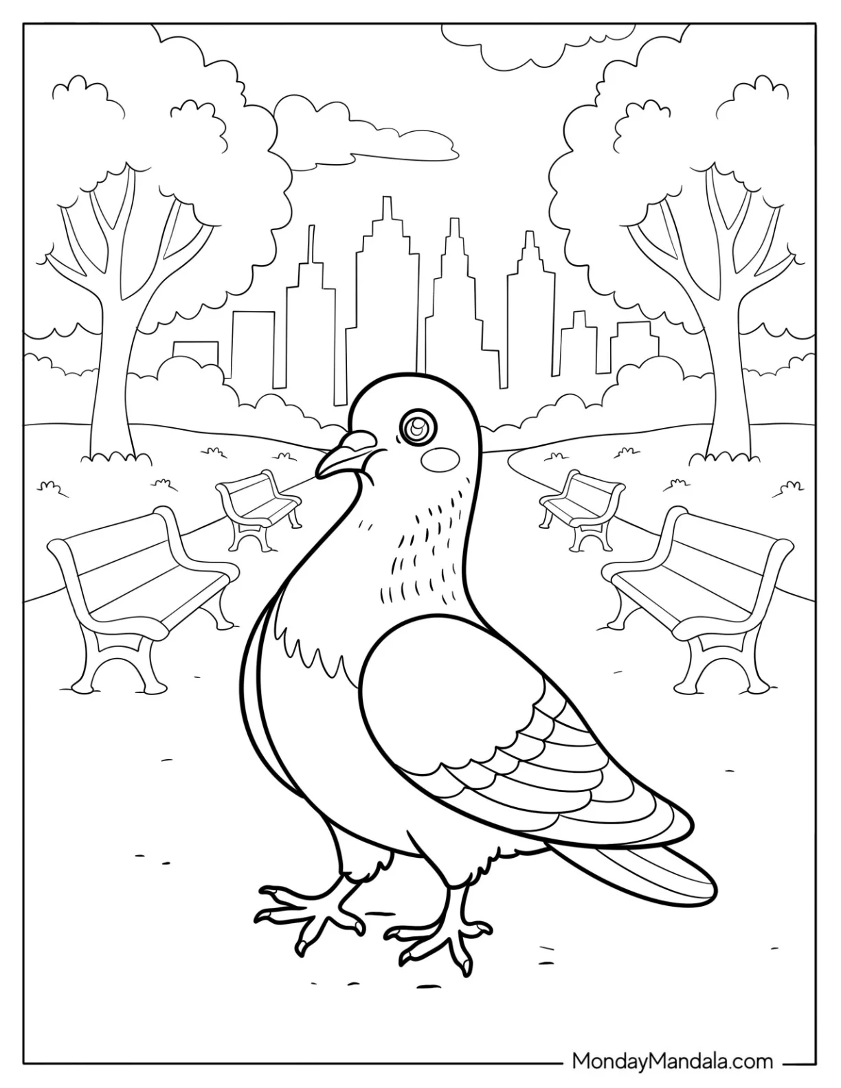 Pigeon Exploring a Quiet Park in the City Coloring Page for Kids coloring page