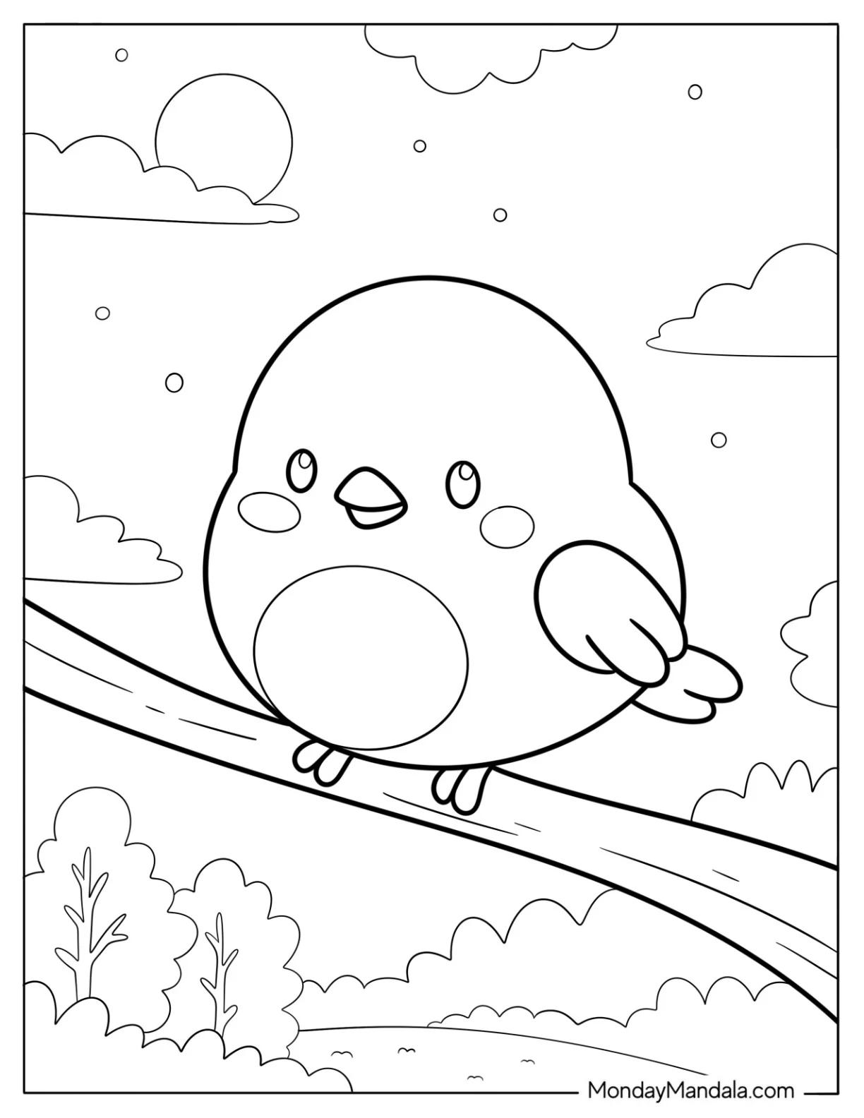 Round Woodland Bird on Branch in Quiet Evening Sky Coloring Sheet for Preschoolers coloring page