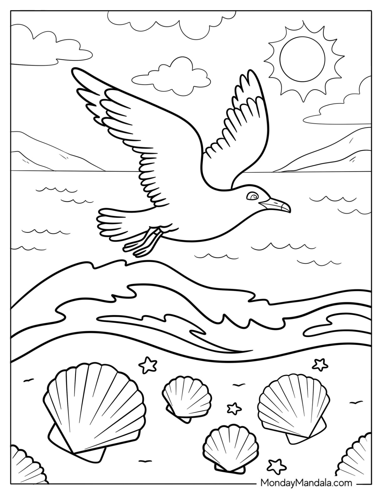 Seagull Flying Above Ocean Waves and Seashells Coloring Sheet coloring page