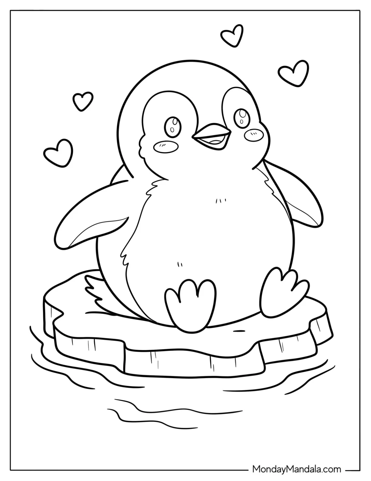Smiling Baby Penguin with Floating Love Hearts on Arctic Ice Coloring Page coloring page