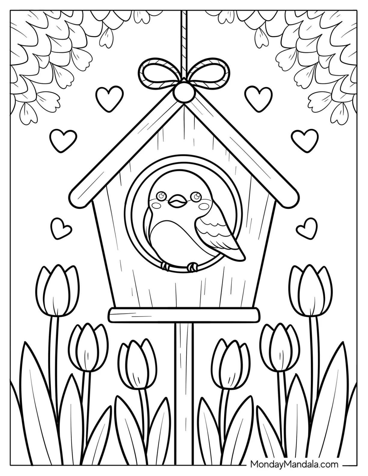 Spring Birdhouse with Chirping Bird and Flower Garden Coloring Sheet for Kids coloring page