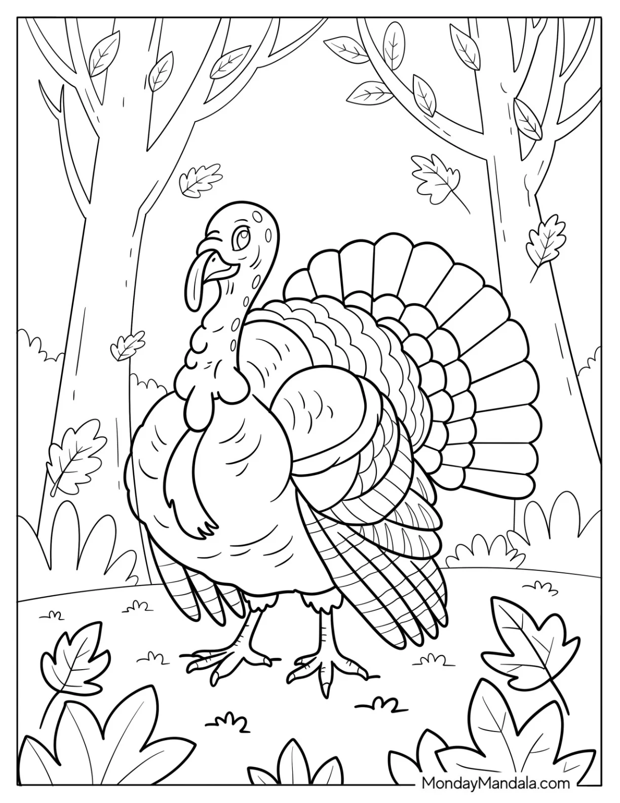 Thanksgiving Turkey Bird in a Peaceful Woodland Coloring Page for Kids coloring page