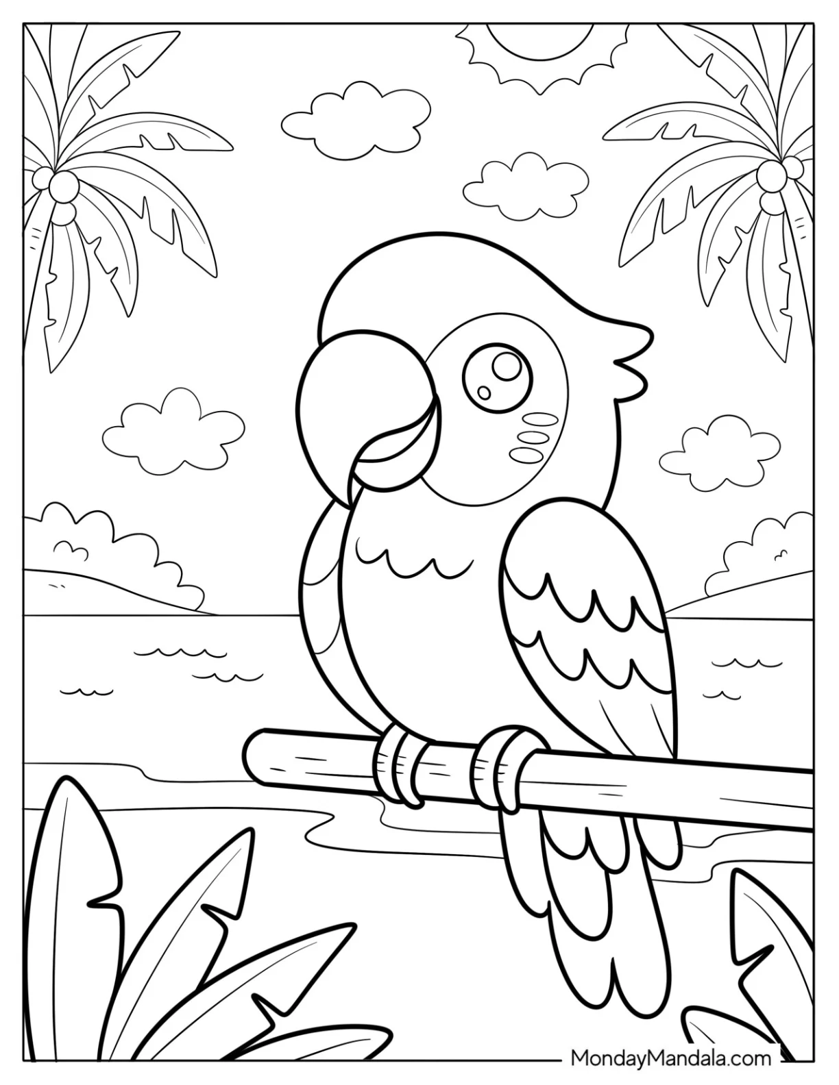 Tropical Parrot on Branch with Ocean Sunset and Palm Trees Coloring Page for Kids coloring page