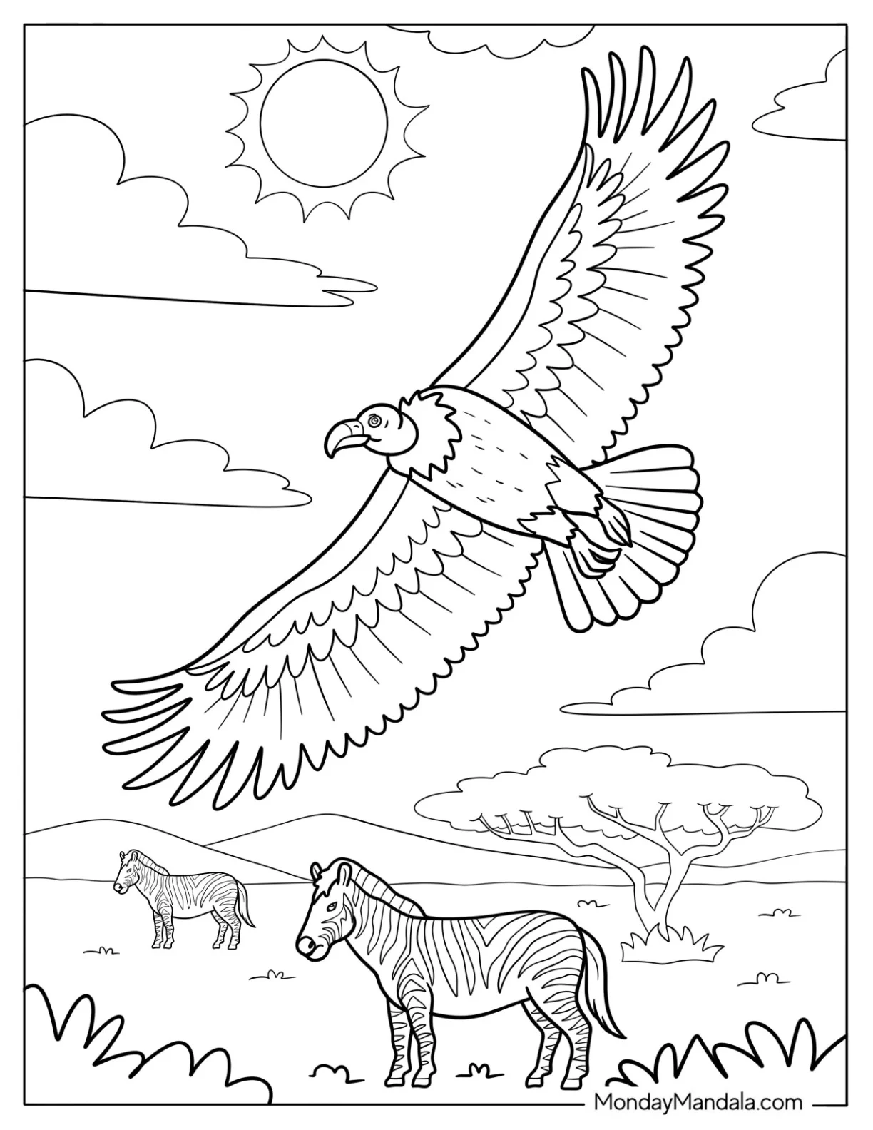 Vulture Flying Over African Savannah with Zebras Coloring Page coloring page