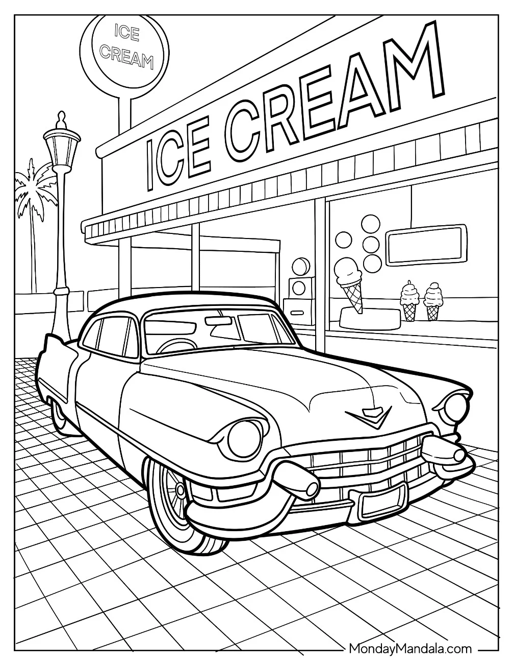 1950s Cadillac Hot Rod Coloring Page Parked at Retro Ice Cream Shop coloring page