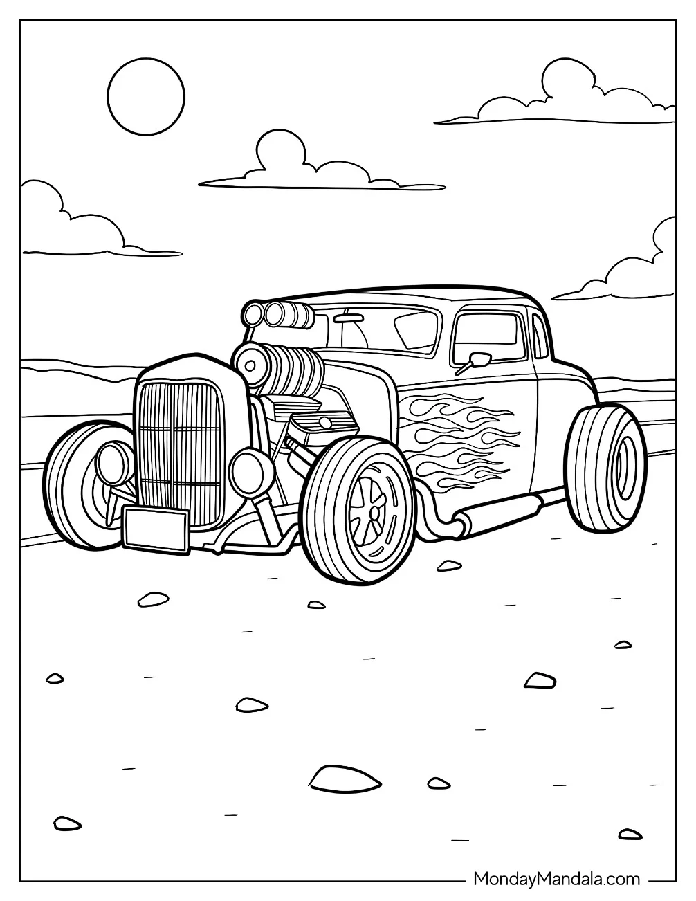 Blown 1930s Ford Coupe Hot Rod Coloring Page in the Desert coloring page