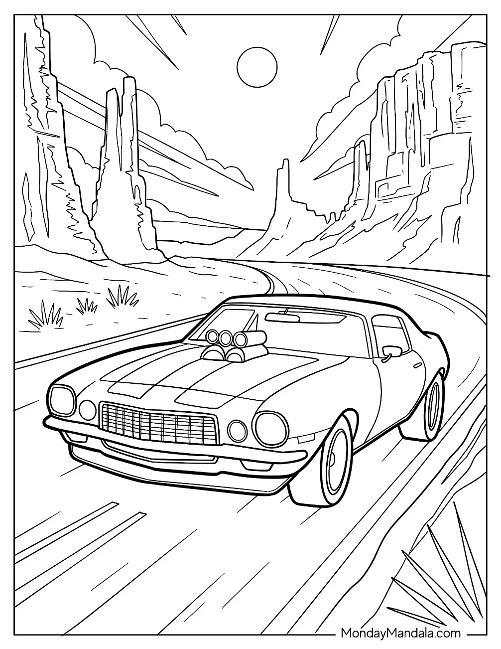 Chevrolet Camaro Hot Rod Coloring Page with Supercharger Speeding on Desert Highway coloring page