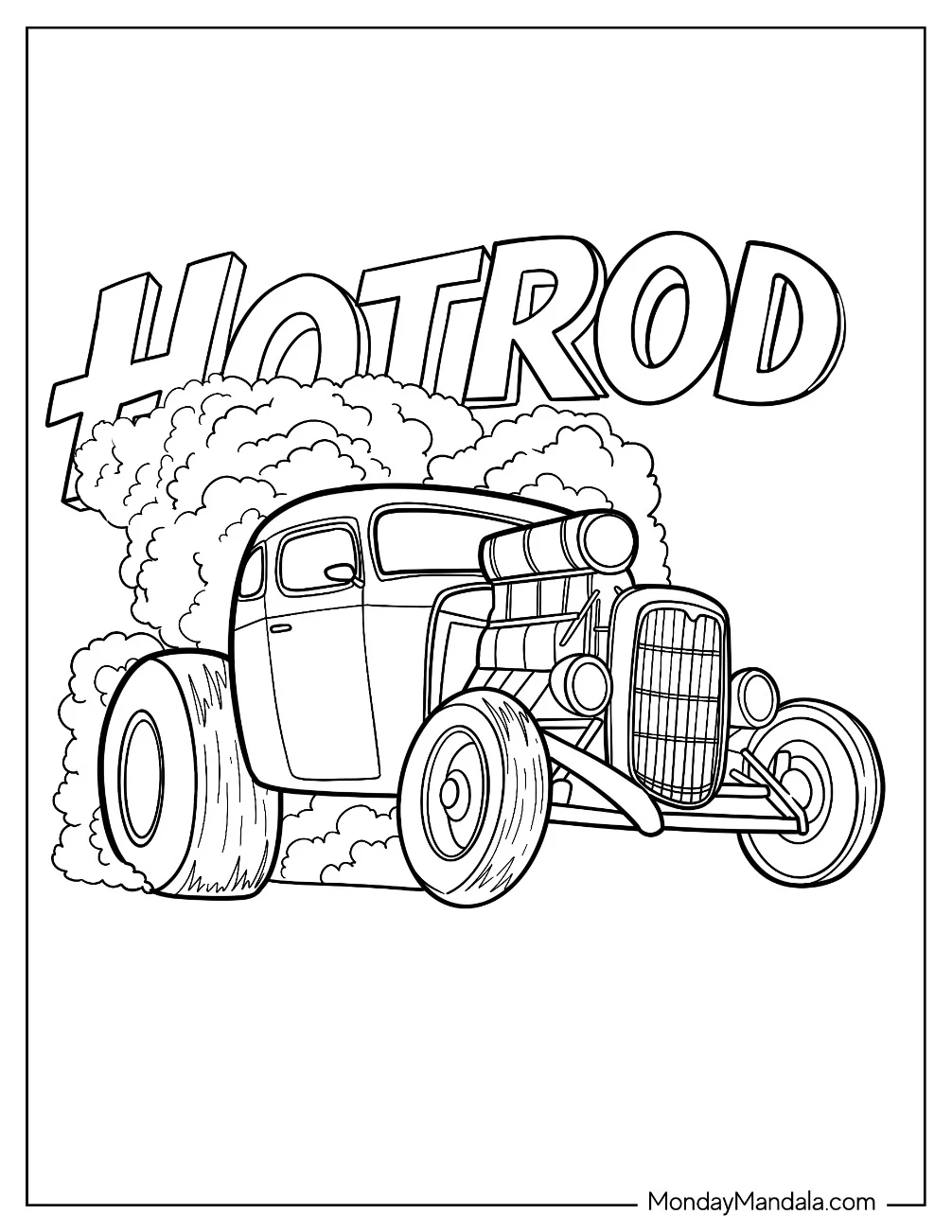 Classic 1930s Hot Rod Coloring Page Coupe Burnout for Kids coloring page