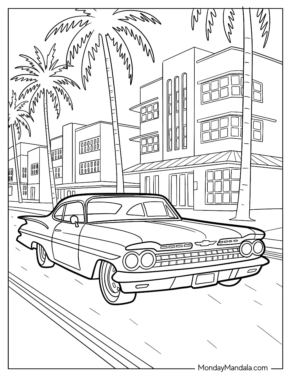 Classic 1959 Chevy Impala Hot Rod Coloring Page on Palm Lined Street coloring page