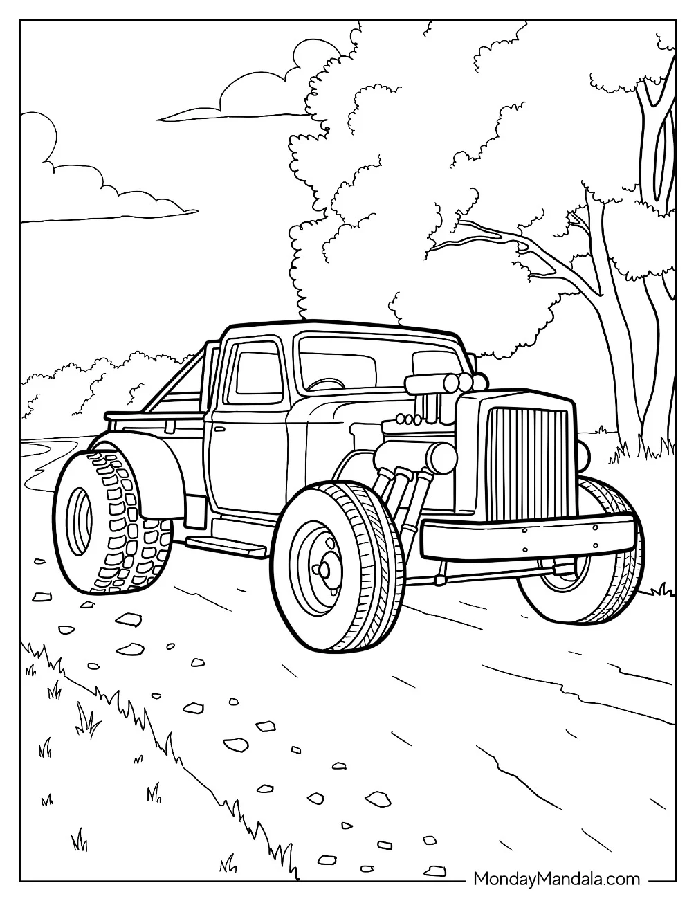 Custom Hot Rod Coloring Page of Truck with Oversized Tires Driving a Rocky Path coloring page