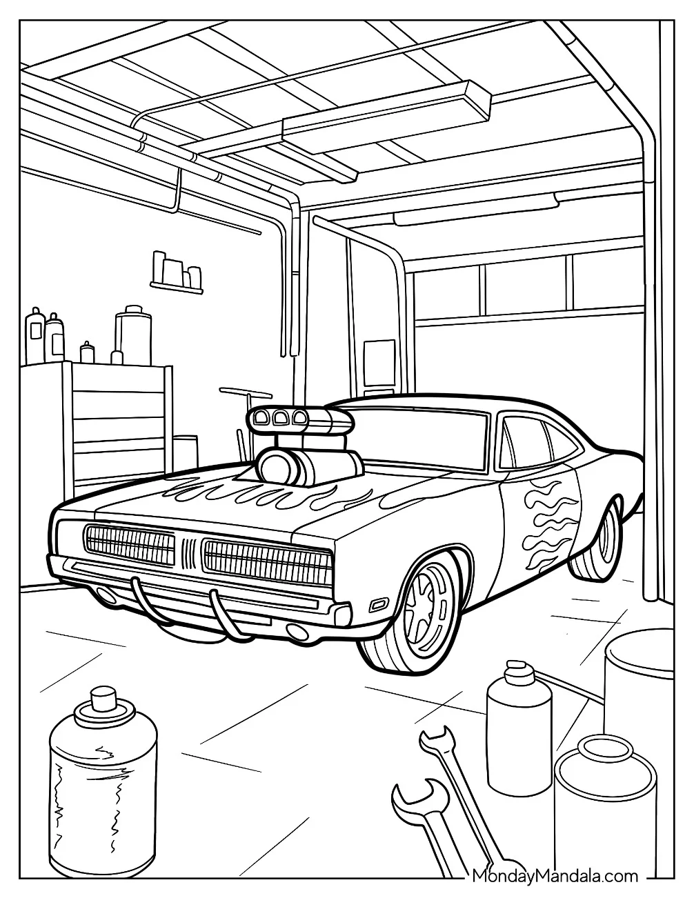 Dodge Charger Hot Rod Coloring Page with Supercharger in Garage coloring page