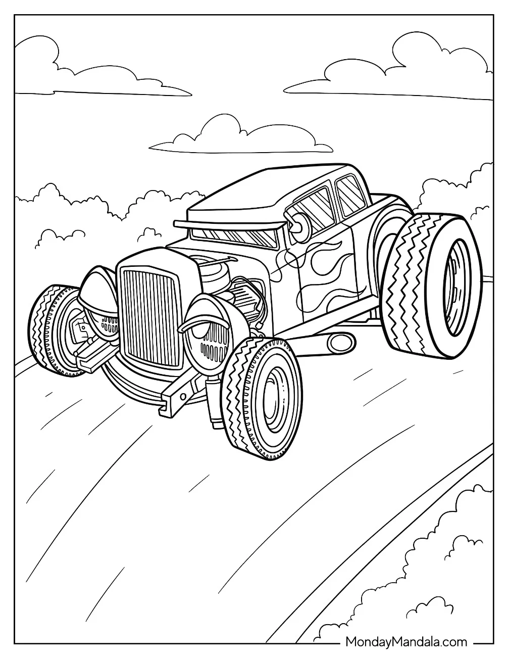 Hot Rod Coloring Page With Flames Design For Kids coloring page