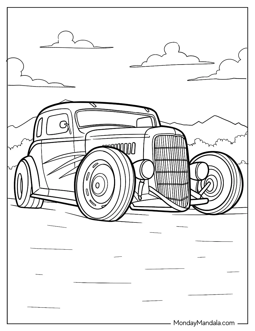 Old School Hot Rod Coloring Page with Low Stance Cruising Under Open Skies coloring page