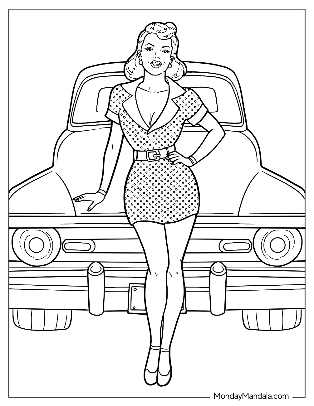 Pin Up Woman Posing in Front of a Classic Hot Rod Coloring Page coloring page
