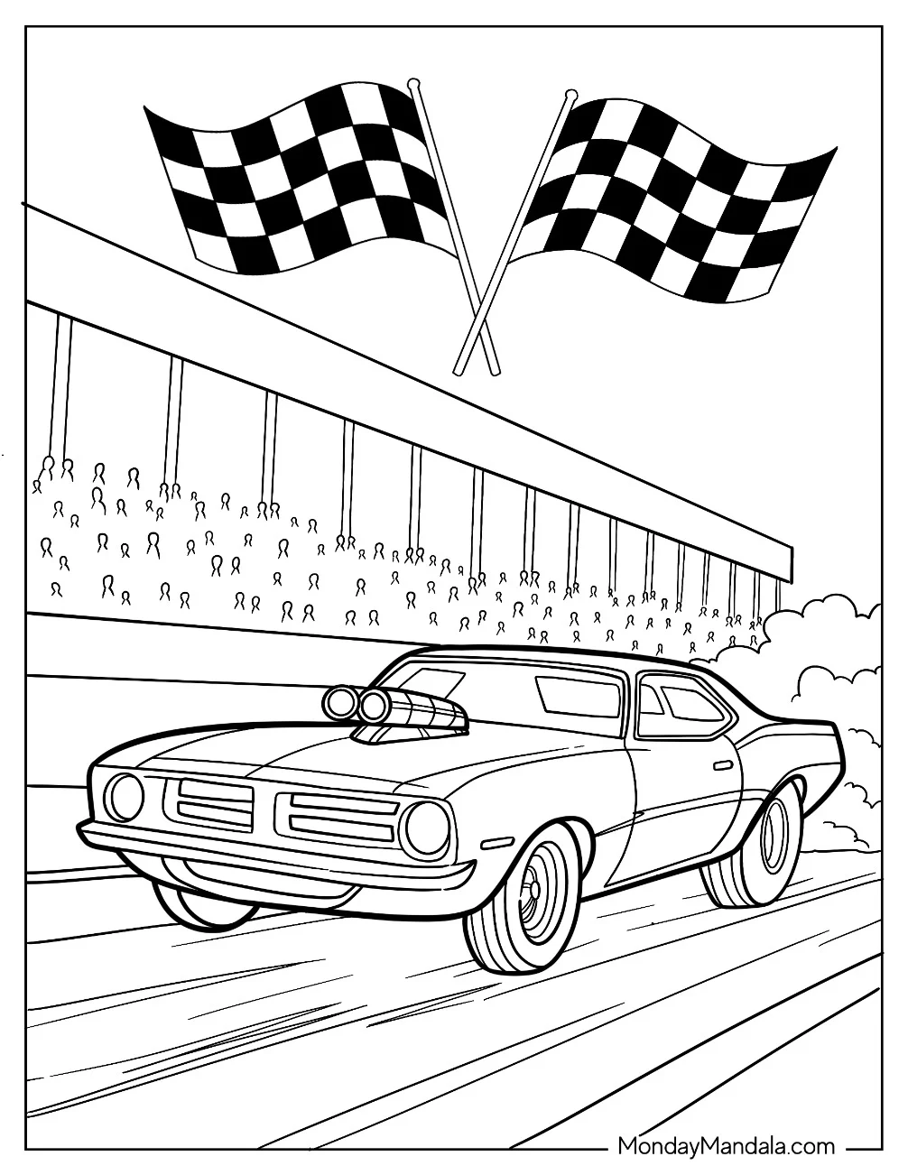 Plymouth Barracuda Hot Rod Coloring Page Drag Racing with Checkered Flags coloring page