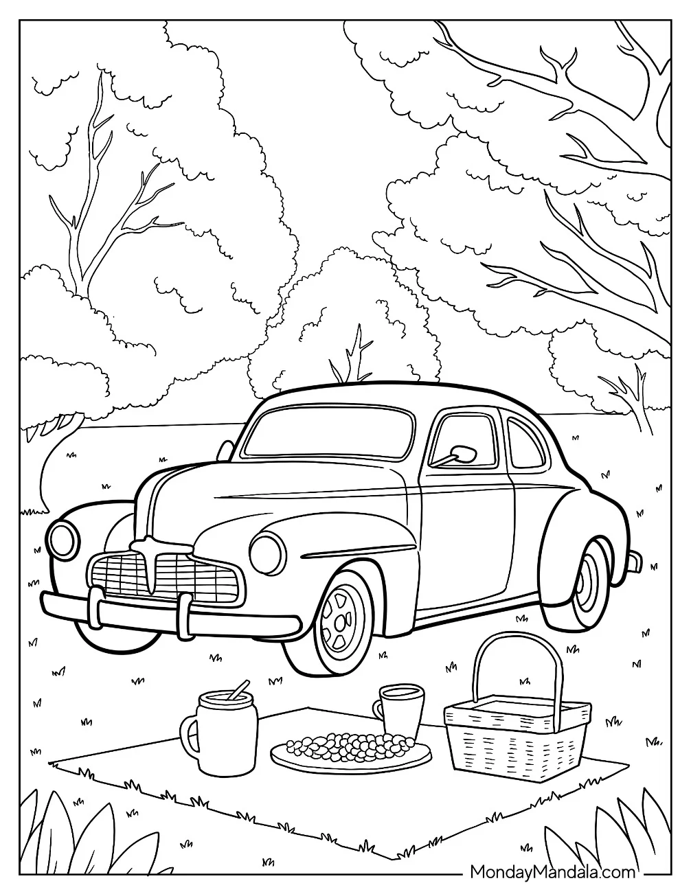 Realistic 1940s Hot Rod Coloring Page at a Picnic in the Park coloring page