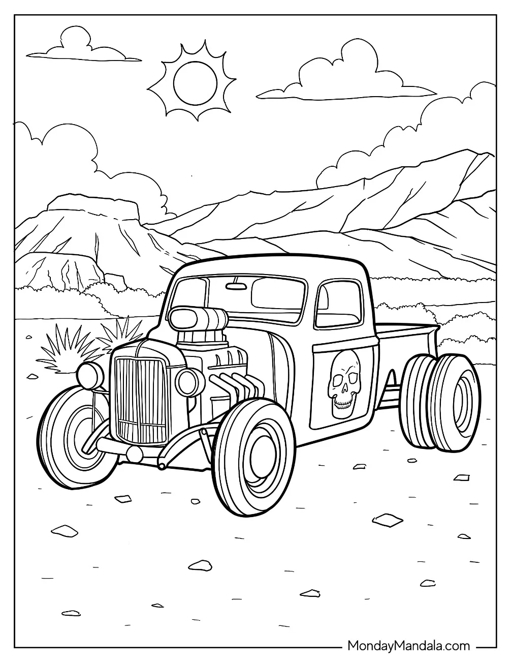 Skull Emblazoned Hot Rod Coloring Page Truck Under the Sun in Rocky Terrain coloring page