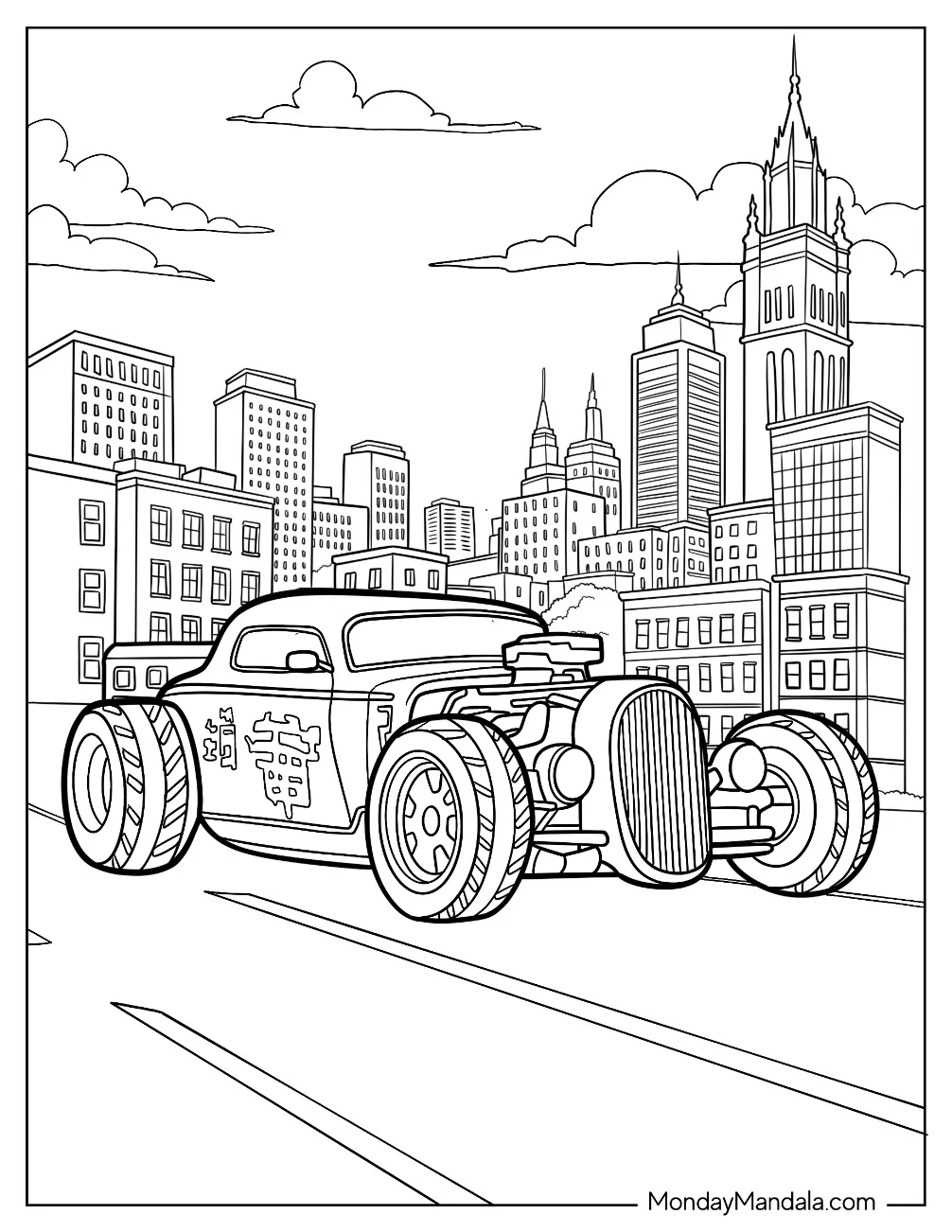 Urban Hot Rod Coloring Page Coupe with Exposed Engine Driving Through City Streets coloring page
